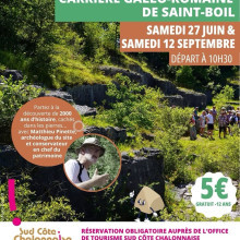 ?   ? -  - 

? Et si vous remontiez près de 2 000 ans en arrière ?
À Saint-Boil, une carrière gallo-romaine classée Monument Historique veillait discrètement depuis des siècles. 

En 2025, le Festival de la Pierre en Sud Côte Chalonnaise a permis de raviver son histoire.

En 2026, l’aventure continue.

Accompagnés de Matthieu Pinette, conservateur en chef du patrimoine et archéologue, vous découvrirez les secrets de ce lieu unique : comment travaillaient les carriers et tailleurs de pierre, et quelles découvertes ont permis de mieux comprendre l’histoire de cette carrière.
Il vous dévoilera même la découverte d’un petit trésor 

Infos pratiques :
 ????????  &  ???????? 
: 10h30
: Carrière de Saint-Boil
? : 5 / adulte - Gratuit / enfant de moins de 12 ans
Réservation obligatoire : tourismeccscc.fr - 03 85 92 00 16
? ,    ????????   ??  .