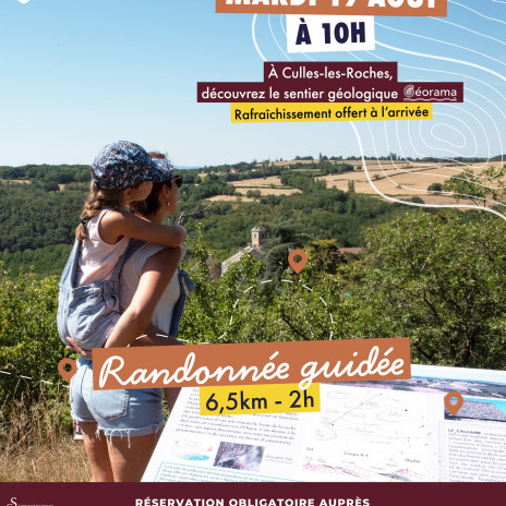 ? ?    ? 
? Reportée pour cause de mauvais temps le 19 juillet… on remet ça avec le soleil !

Enfilez vos chaussures et partez pour une balade guidée de 6,5 km (environ 2h) sur le sentier Géorama.
Accessible à tous, ce parcours vous fera voyager à travers paysages, histoire et secrets géologiques de notre territoire.
 Mardi 19 août à 10h
? Tarif : 5  / Gratuit pour les -12 ans
 Aire de loisirs de Culles-les-Roches, 2 chemin du Viaduc
 Un rafraîchissement vous sera offert à l’arrivée !

Réservations auprès de l'Office de Tourisme Sud Côte Chalonnaise au 03 85 92 00 16 ou tourismeccscc.fr

 crédits photos : rozenn_krebel