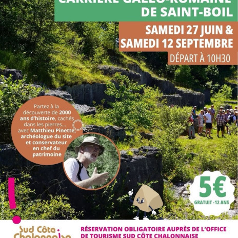 ?   ? -  - 

? Et si vous remontiez près de 2 000 ans en arrière ?
À Saint-Boil, une carrière gallo-romaine classée Monument Historique veillait discrètement depuis des siècles. 

En 2025, le Festival de la Pierre en Sud Côte Chalonnaise a permis de raviver son histoire.

En 2026, l’aventure continue.

Accompagnés de Matthieu Pinette, conservateur en chef du patrimoine et archéologue, vous découvrirez les secrets de ce lieu unique : comment travaillaient les carriers et tailleurs de pierre, et quelles découvertes ont permis de mieux comprendre l’histoire de cette carrière.
Il vous dévoilera même la découverte d’un petit trésor 

Infos pratiques :
 ????????  &  ???????? 
: 10h30
: Carrière de Saint-Boil
? : 5 / adulte - Gratuit / enfant de moins de 12 ans
Réservation obligatoire : tourismeccscc.fr - 03 85 92 00 16
? ,    ????????   ??  .